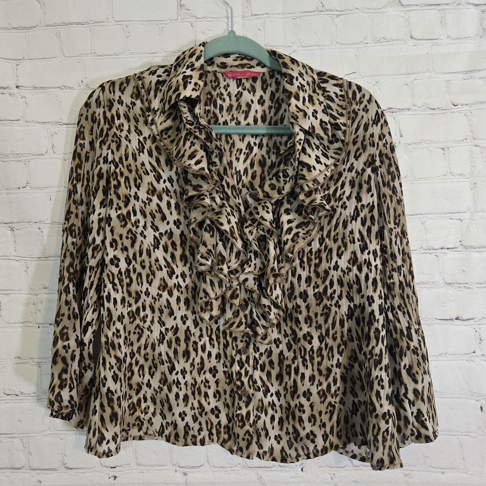 Sunny Leigh Animal Print Ruffle Neck Deep V Poet Blouse Lg